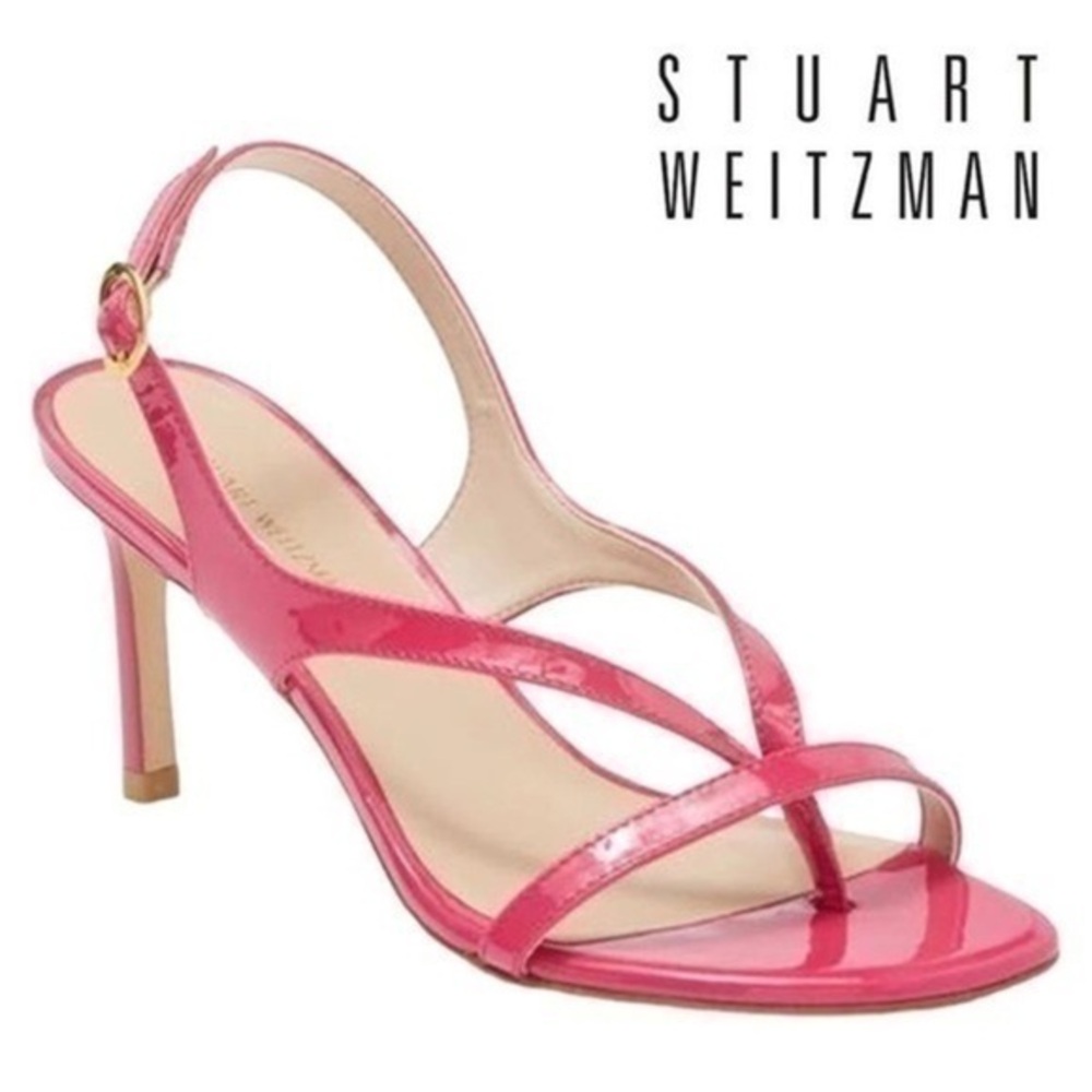 Stuart Weitzman Align Thong Toe Heeled Patent Leather Ankle Strap Sandal